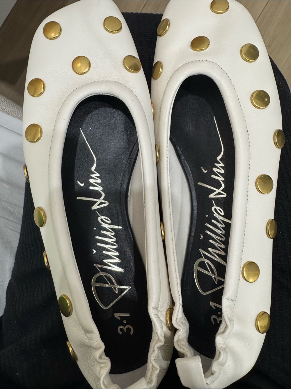 3.1 Phillip Lim White Leather Studded Ballet Flats with Gold Accents